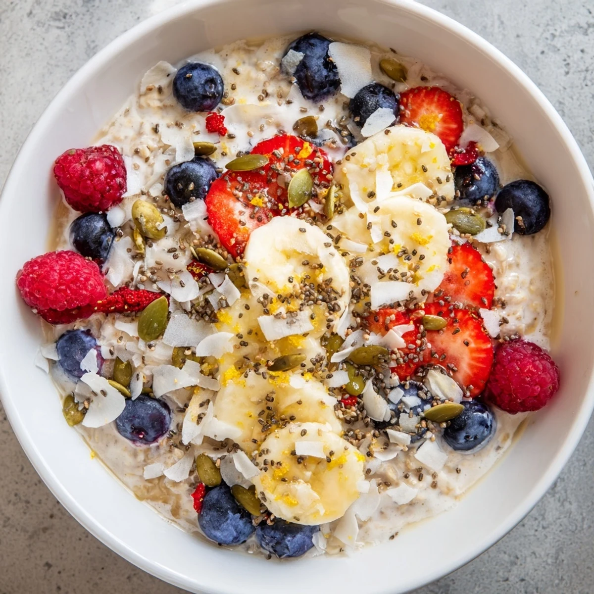 Creamy Bright Oat Porridge with chia seeds and pumpkin seeds, served warm in a rustic white bowl.