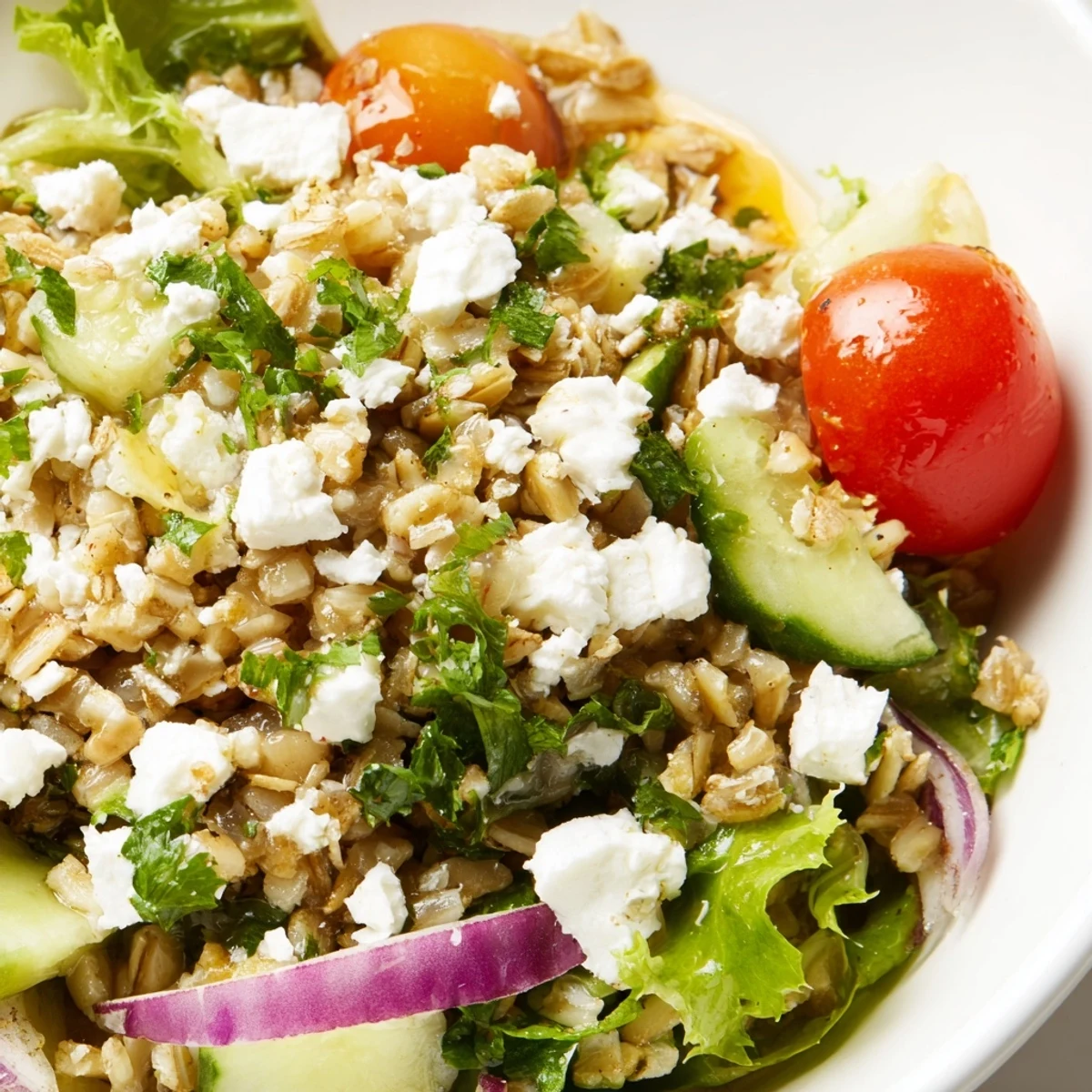 Golden, crisp toasted oats tossed with cherry tomatoes, cucumber, and feta for a fresh bite.