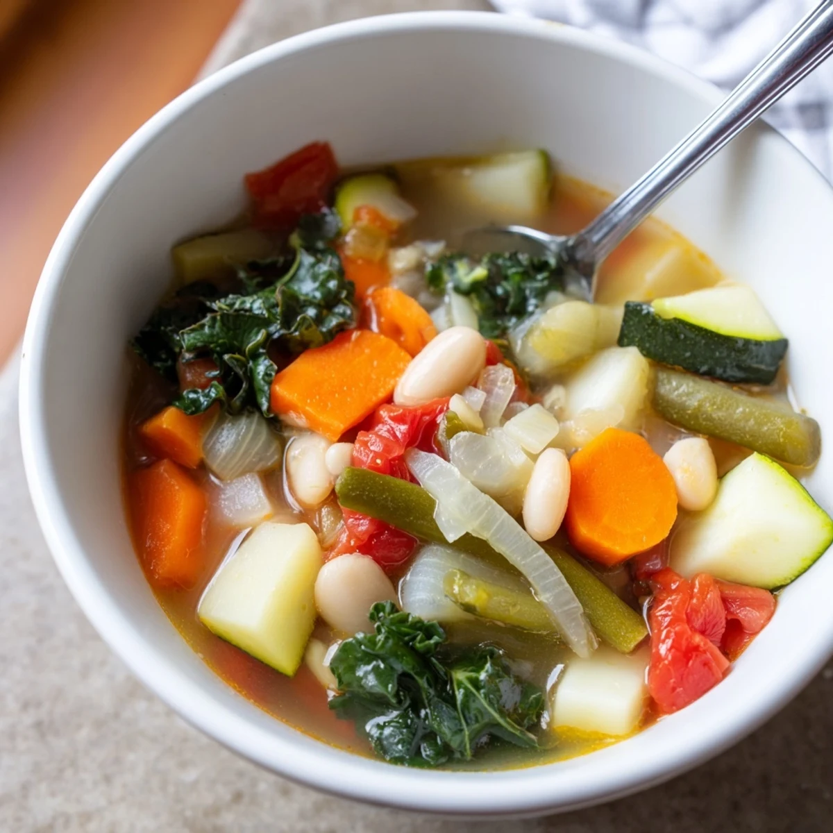 A steaming bowl of Seasonal Veggie Soup, packed with fresh carrots, kale, and zucchini in a savory broth.