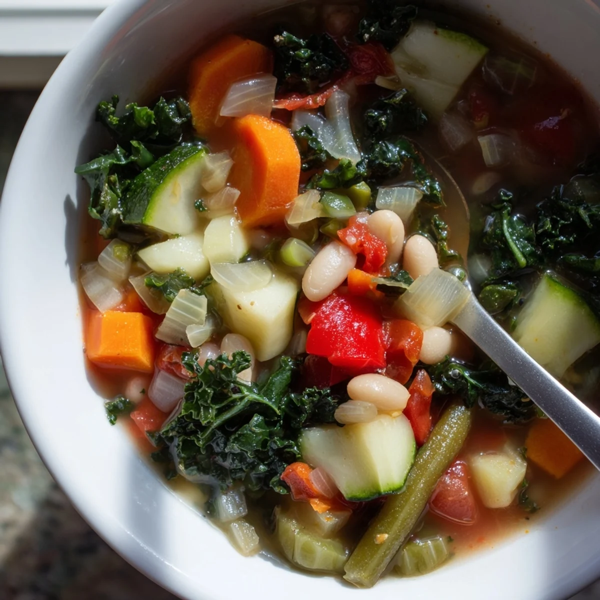 Close-up of Seasonal Veggie Soup showing diced tomatoes and celery, garnished with fresh parsley and a rustic bread slice.