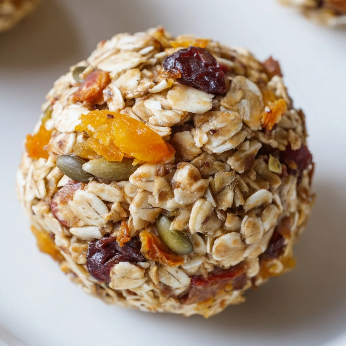 A close-up view of freshly made Bright Oat Bites highlights their toasted edges and colorful dried cranberries and shredded coconut.