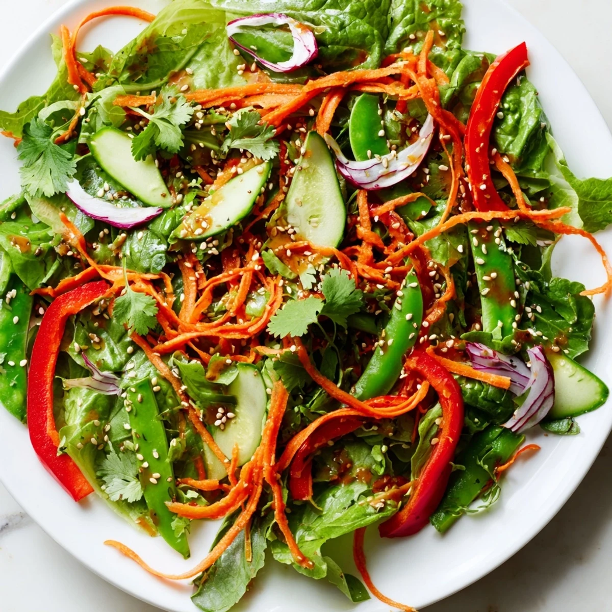 Crisp Ginger Salad in a white bowl with bright red bell peppers and julienned carrots tossed in zesty dressing.