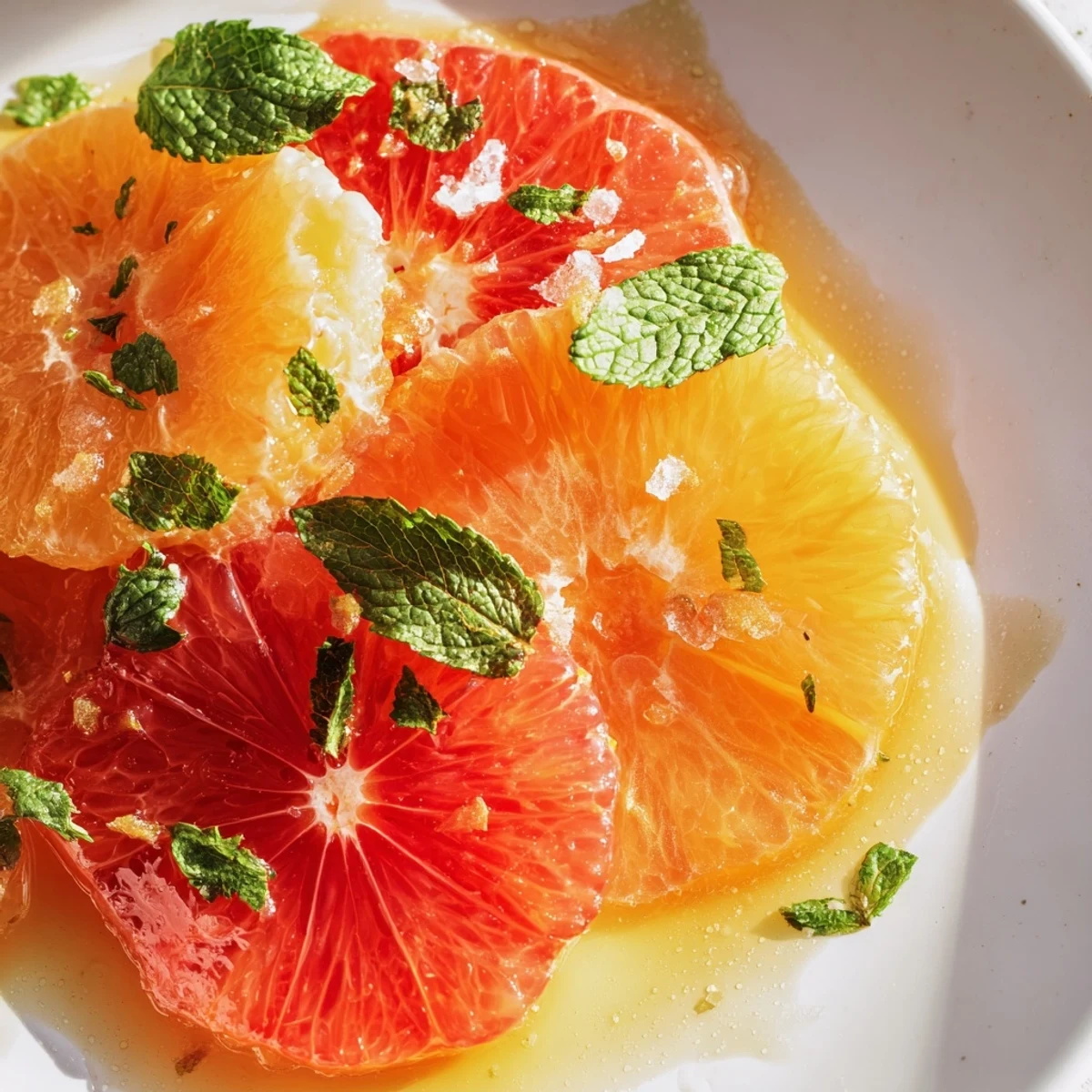 Close-up Fresh Citrus Salad on a rustic wood board showing citrus slices glistening with honey-lime dressing and chopped mint garnish.