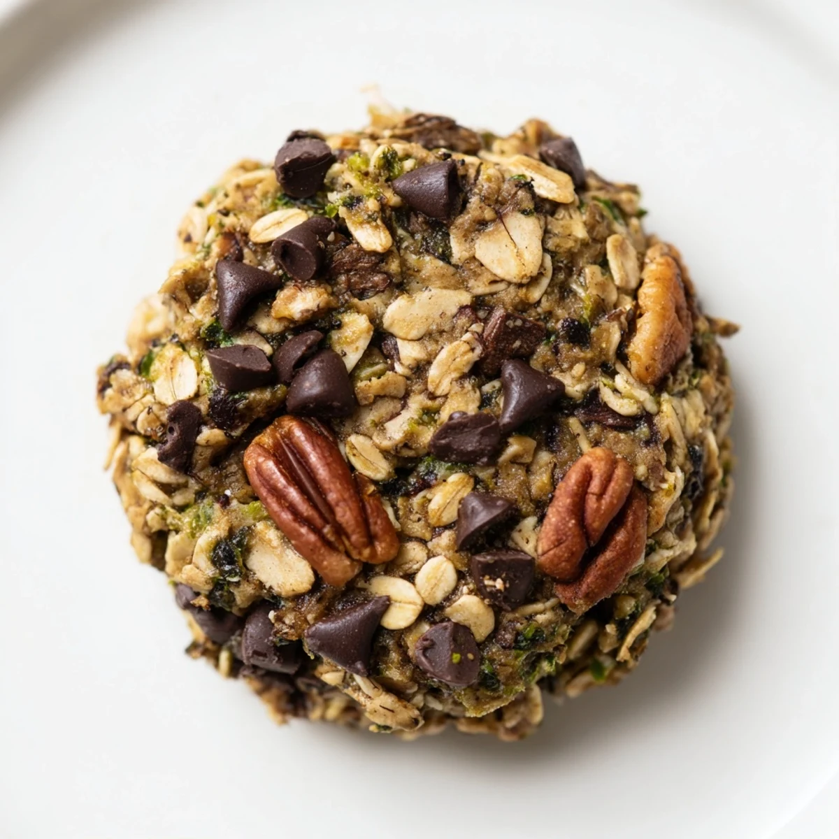 Freshly baked Warm Kale Cookies with chocolate chips and oats on a rustic wooden board. 