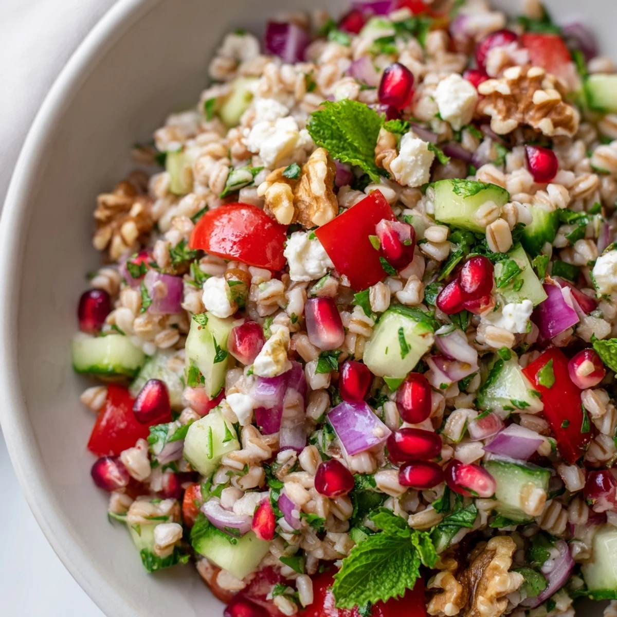 A bowl of Festive Oat Salad with steel-cut oats, colorful peppers, cucumbers, and bright pomegranate seeds.