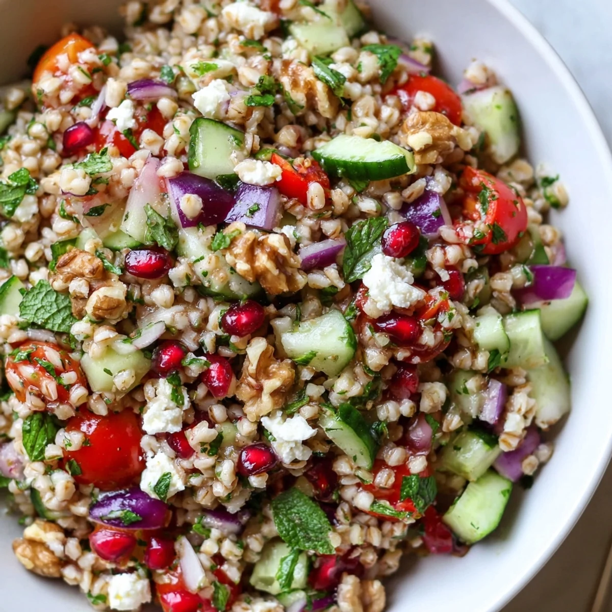Chilled Festive Oat Salad tossed with fresh mint and parsley, served with lemon wedges on the side.