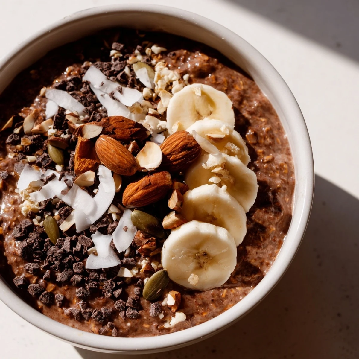 Steaming Warm Cacao Bowl topped with banana slices, nuts, and coconut flakes served in a rustic mug.