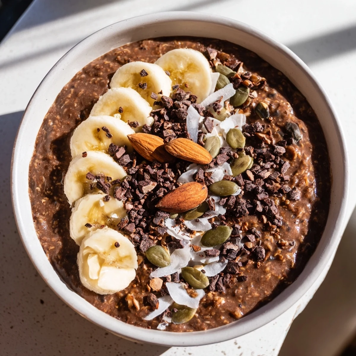 Cozy bowl of creamy Warm Cacao Bowl with fresh berries, pumpkin seeds, and cacao nibs ready to eat.
