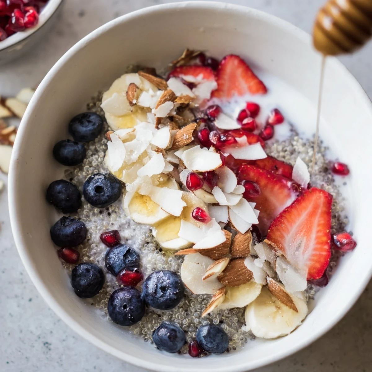 A chilled, nutritious Frosted Quinoa Bowl breakfast with crunchy nuts, coconut flakes, and a honey drizzle.