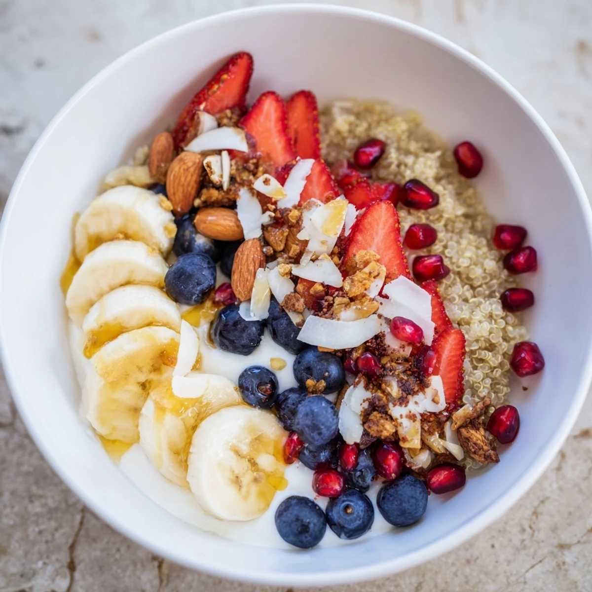 Healthy Frosted Quinoa Bowl in a white bowl, featuring quinoa, creamy yogurt, and colorful fresh fruit.