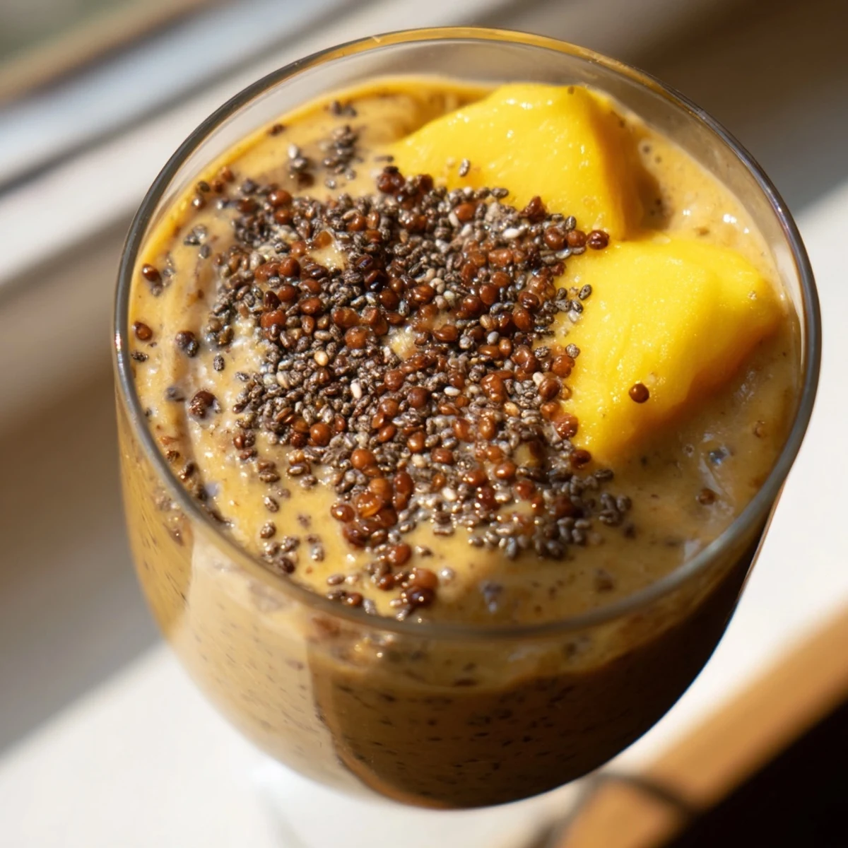 Creamy seasonal lentil smoothie blended with ripe banana, sweet mango, and a hint of cinnamon for breakfast.