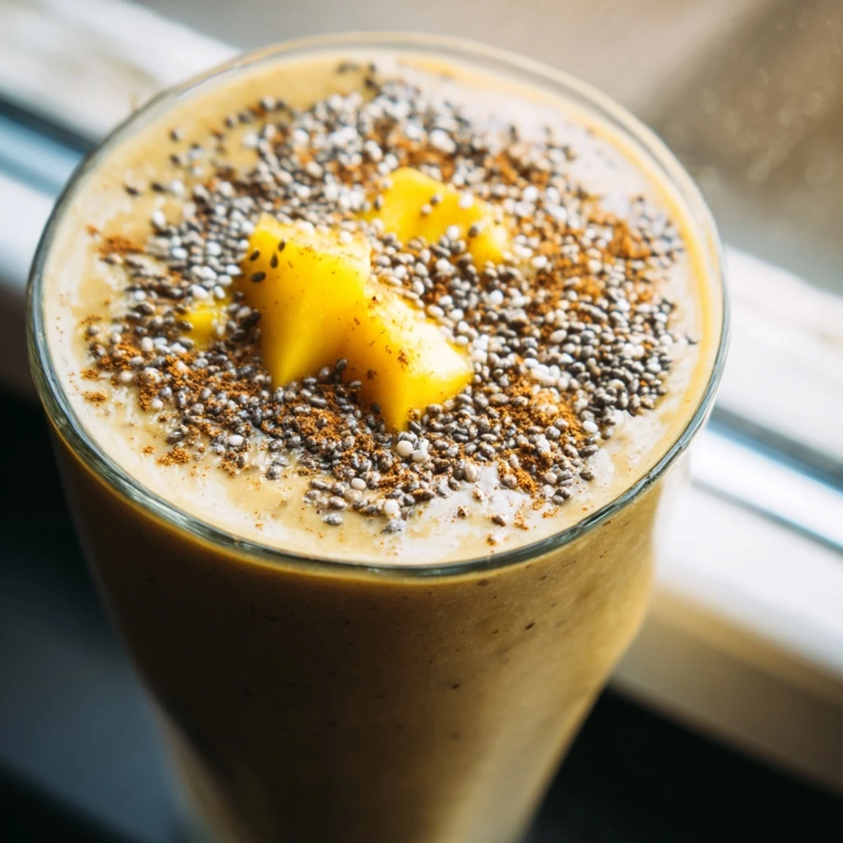 Seasonal lentil smoothie served in a tall glass with a sprinkle of chia seeds, garnished with fresh mint leaves.