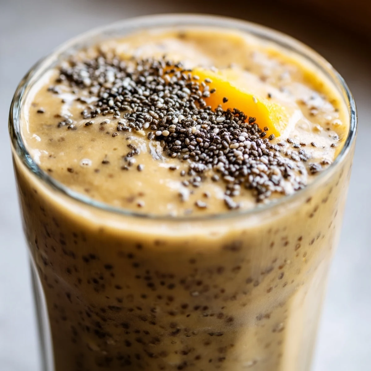 Vibrant seasonal lentil smoothie with almond milk and mango in a blender, ready for a healthy post-workout snack.