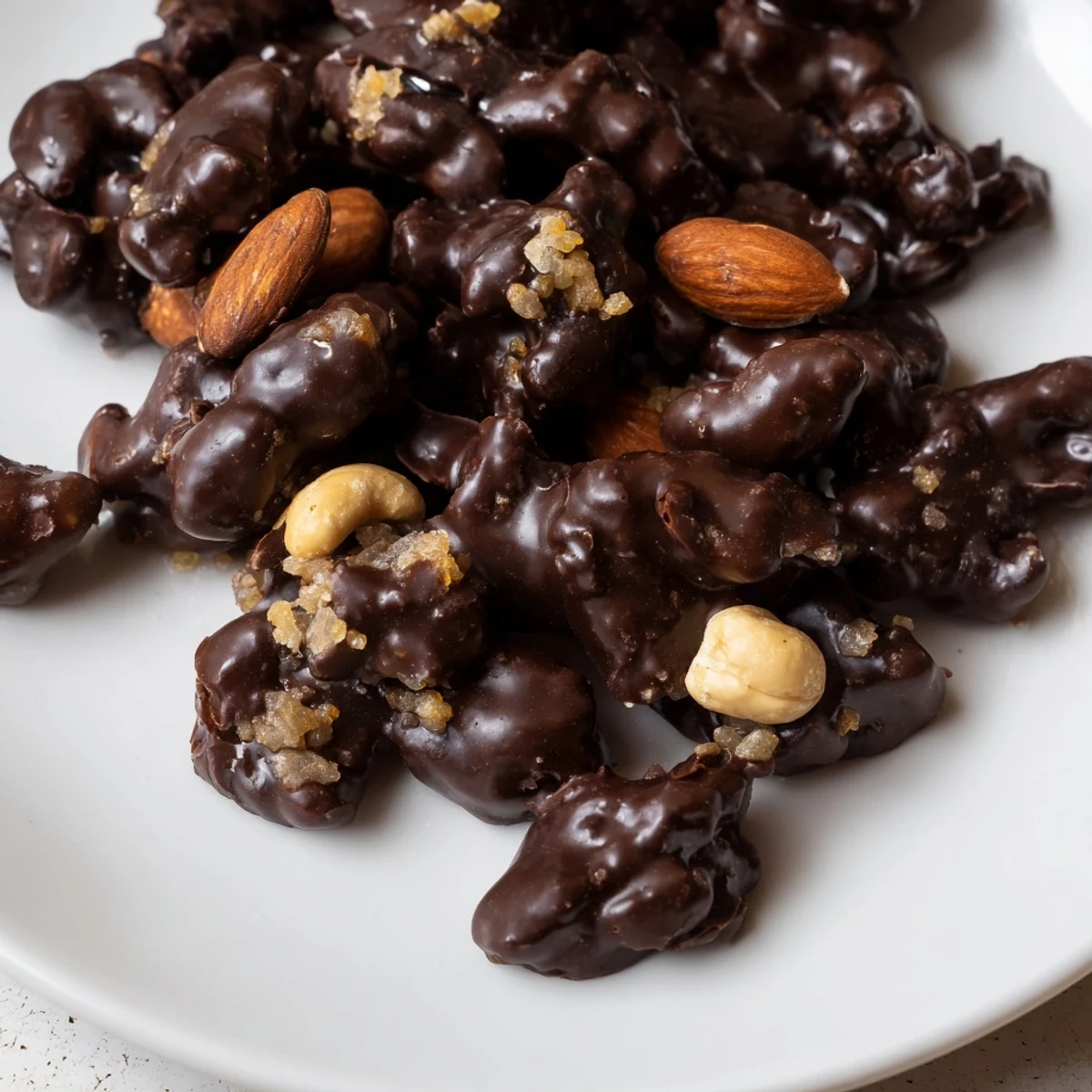 A close-up of freshly set Bright Ginger Clusters, showcasing their crunchy texture from roasted almonds and cashews paired with rich dark chocolate.