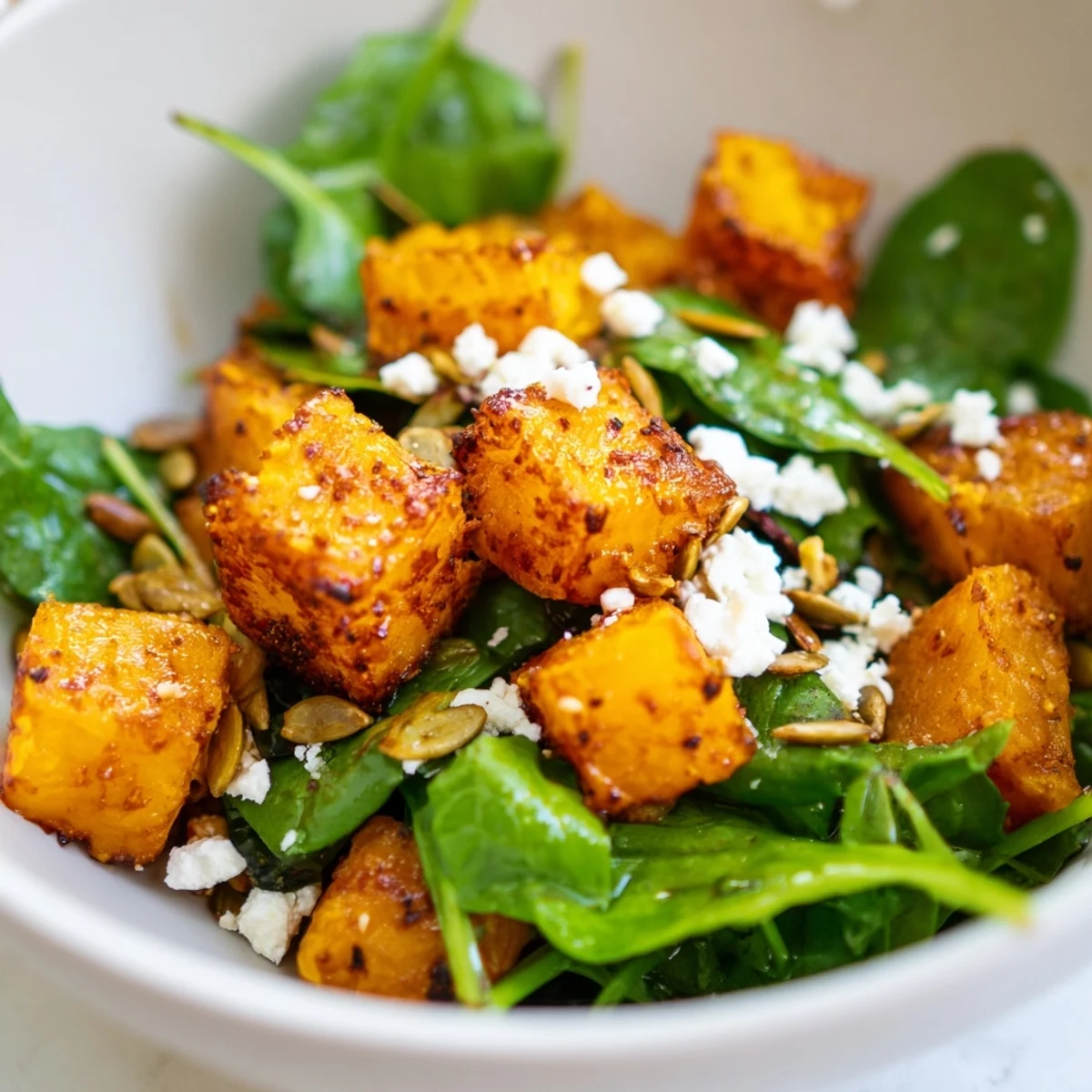 Golden roasted pumpkin cubes with cumin and paprika rest on a bed of fresh greens, red onion, and cucumber in this Fresh Pumpkin Salad.