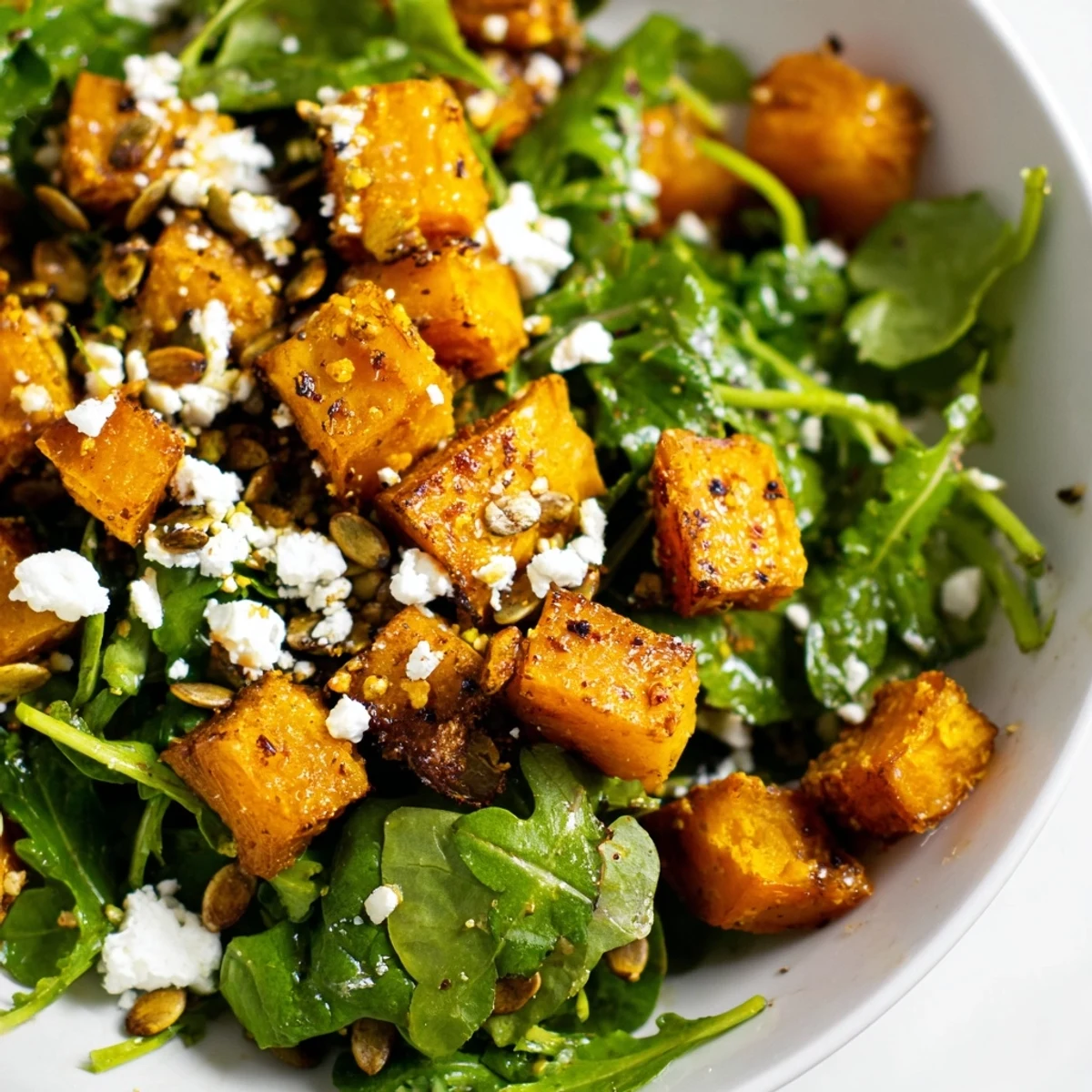 Crumbled feta and toasted pepitas top this vibrant Fresh Pumpkin Salad, ready to serve with a light apple cider vinaigrette.