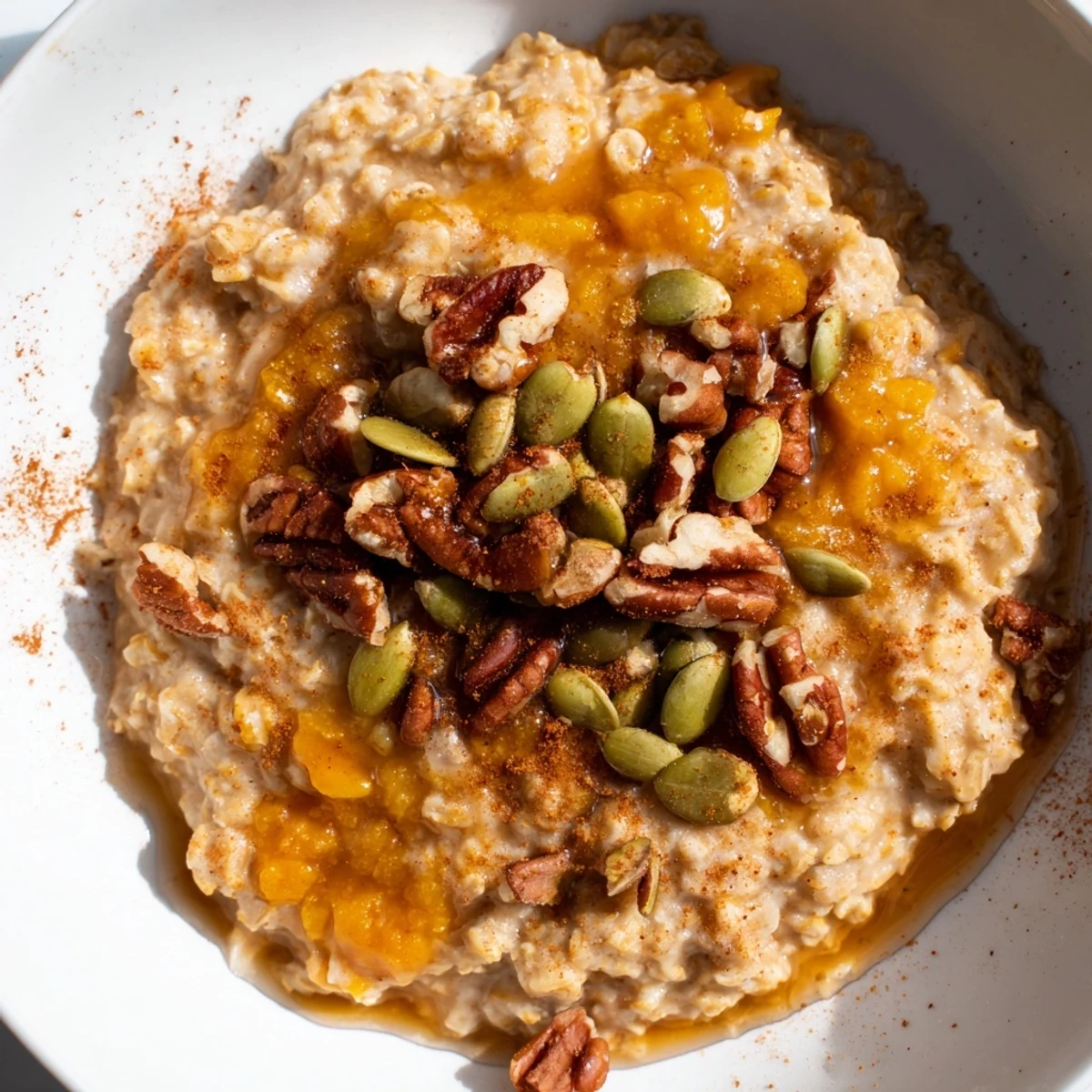 Served Cozy Pumpkin Porridge in a rustic bowl with pumpkin seeds and a spoon, perfect for a chilly autumn morning.