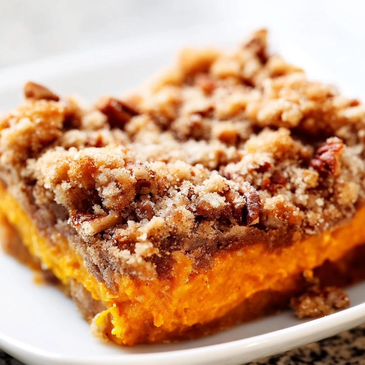 Warm and spiced Festive Pumpkin Treat with a golden streusel topping, served from a rustic baking dish.