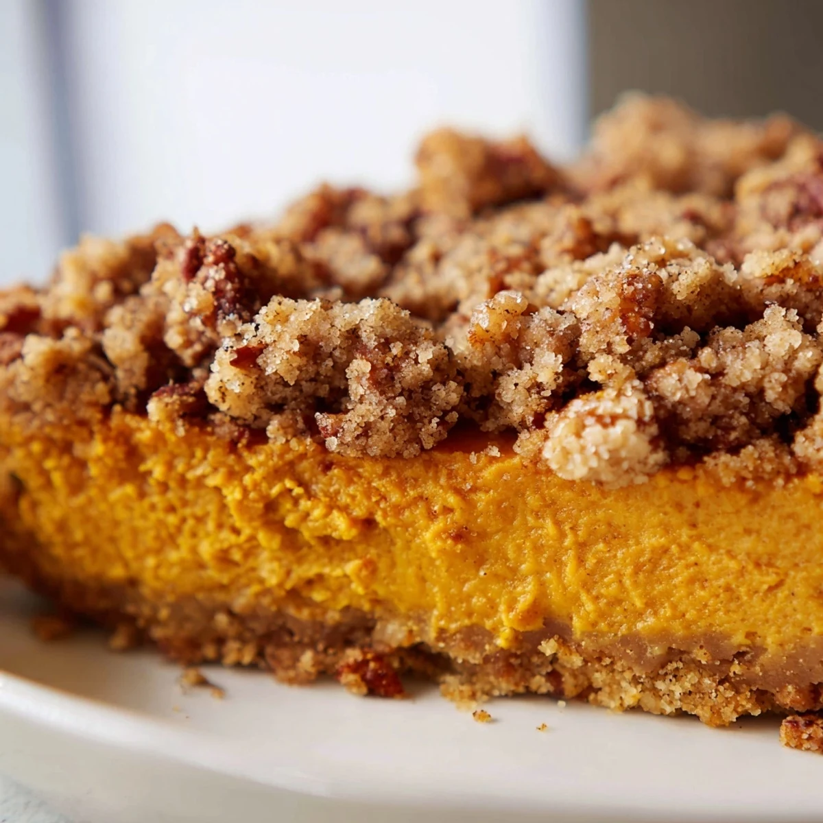Golden-brown Festive Pumpkin Treat cooling on a wire rack, revealing creamy pumpkin filling and crunchy topping.