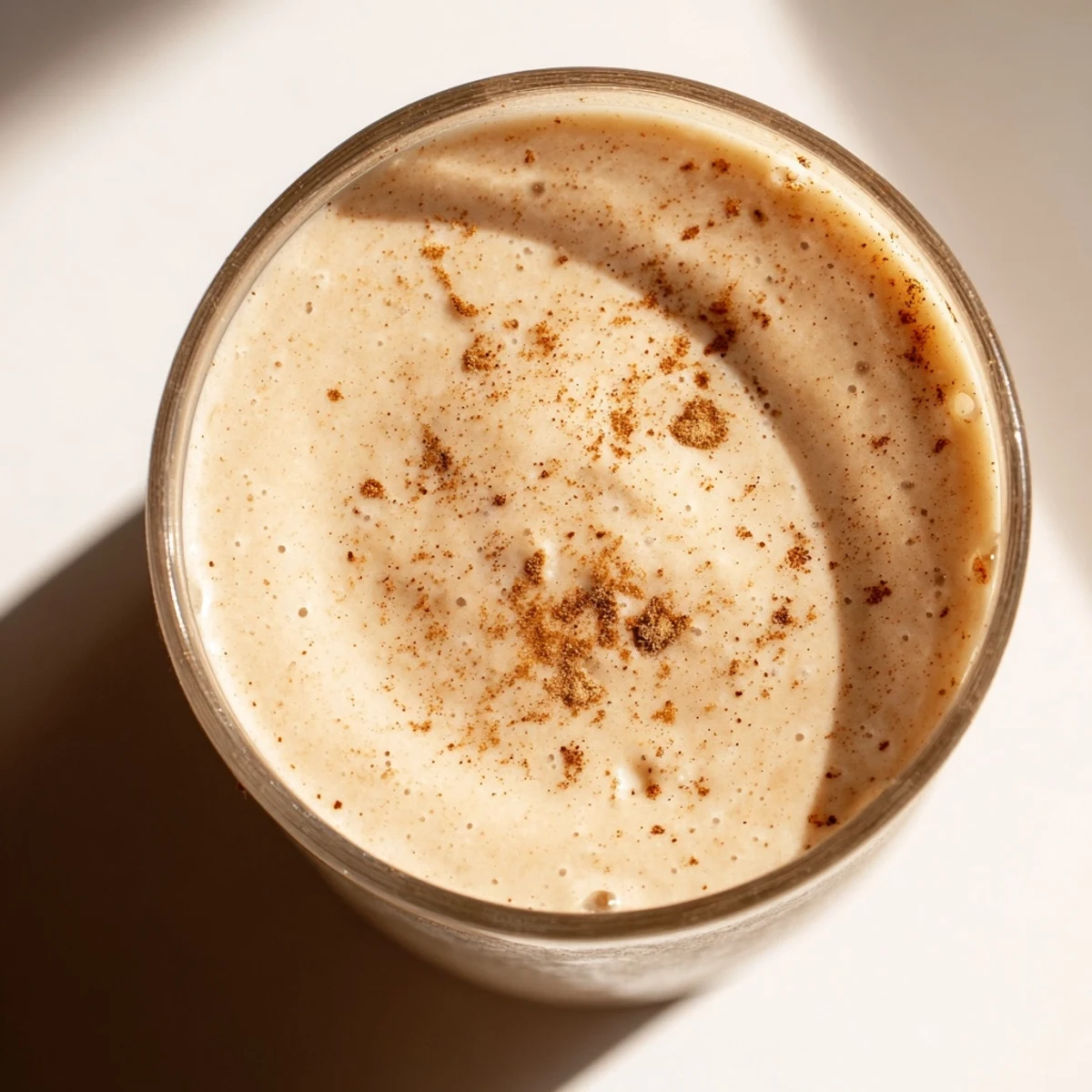 Creamy Cozy Apple Smoothie poured into a tall glass, garnished with cinnamon and a fresh apple slice.