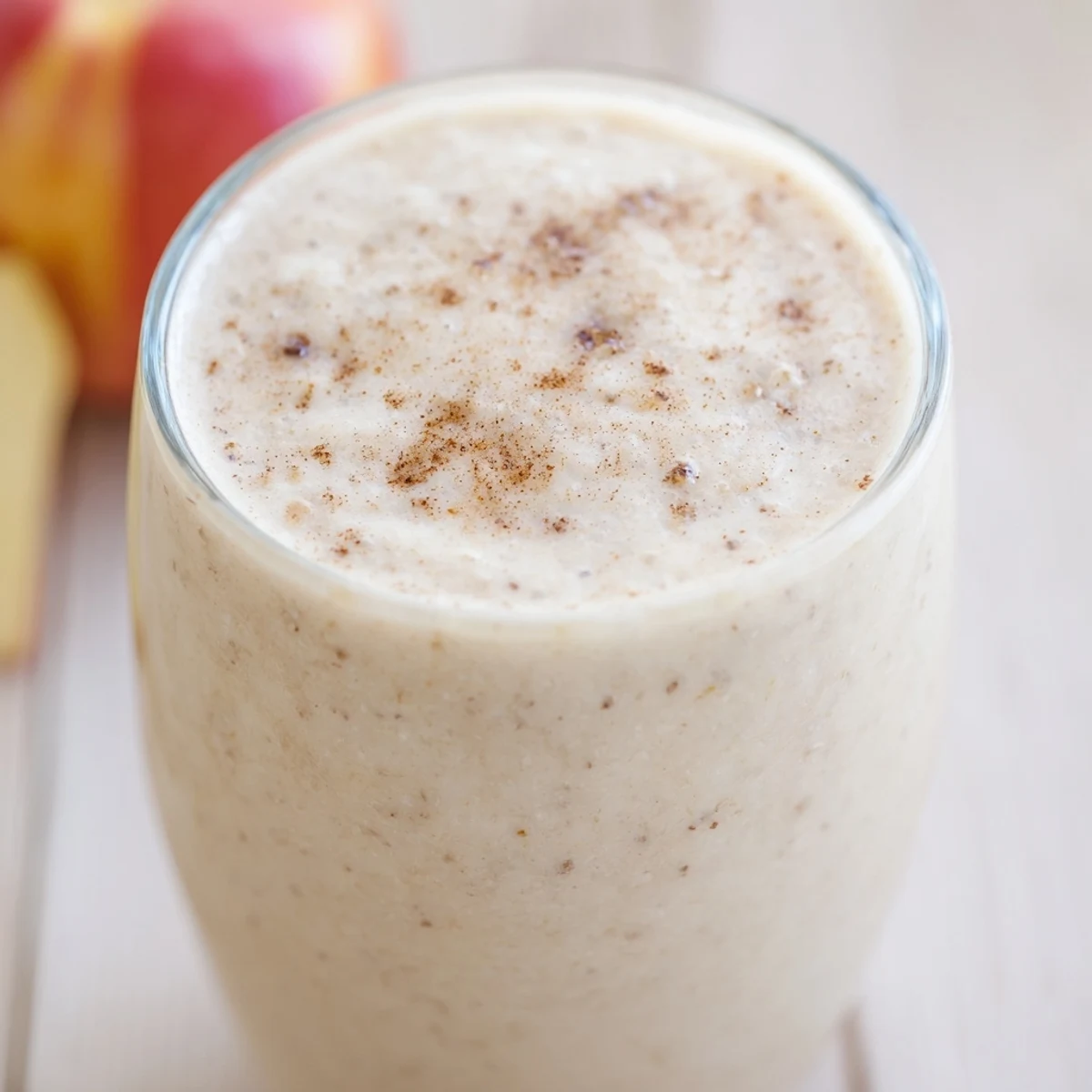 Cold and refreshing Cozy Apple Smoothie in a mason jar with a straw, perfect for a quick breakfast.