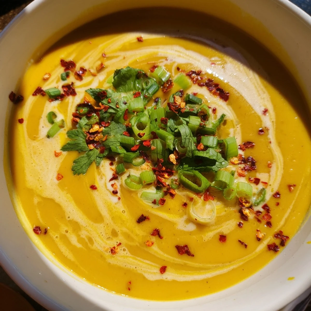 Freshly blended Warm Ginger Soup in a rustic bowl, topped with sliced green onions and a drizzle of coconut milk.