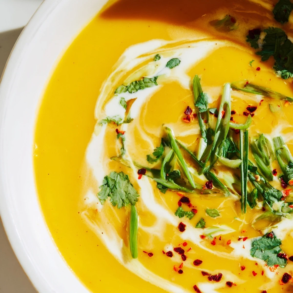 A warm bowl of vegan Warm Ginger Soup garnished with cilantro and chili flakes, steaming beside a slice of crusty bread.