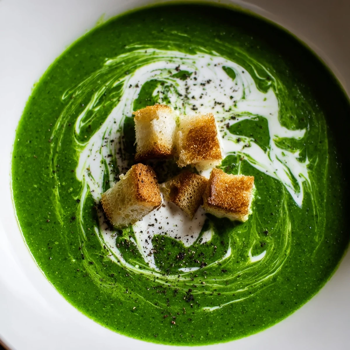 Fresh Spinach Soup in a rustic white bowl, garnished with croutons and crème fraîche, steam rising from the velvety green puree.