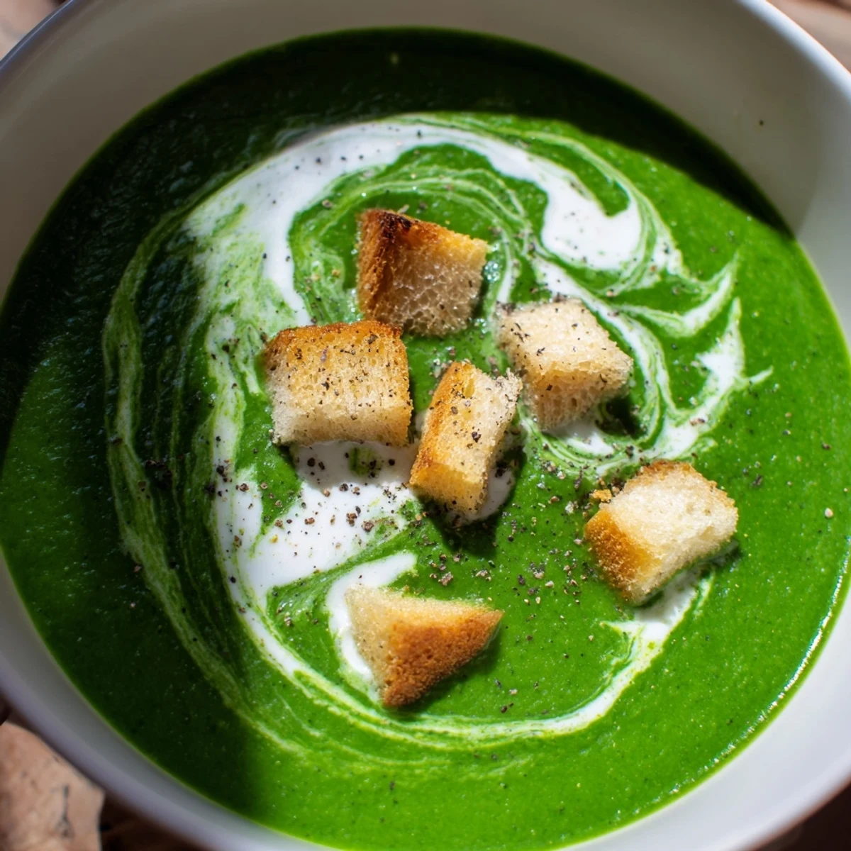 Comforting Fresh Spinach Soup served with crusty bread alongside, a vibrant green puree with olive oil and nutmeg garnish.