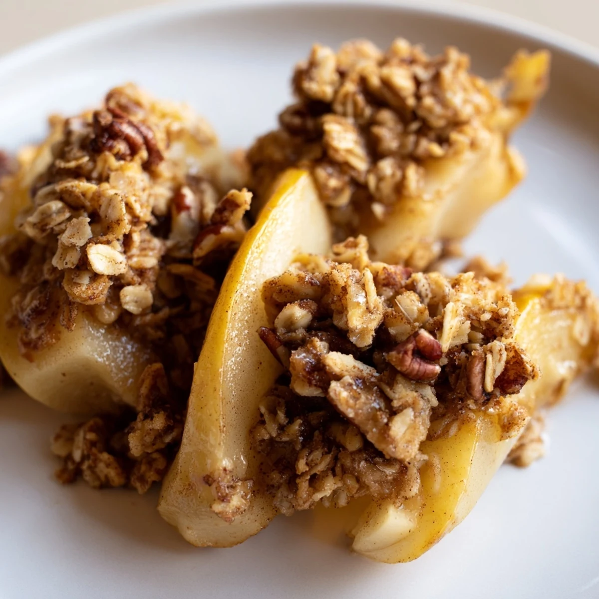 Fifteen spiced Winter Apple Bites with oat crumble topping sit on parchment, glowing under warm light.