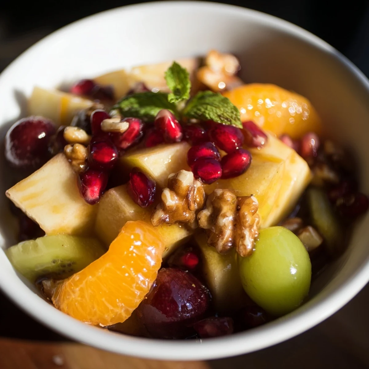 A close-up of the New Year Apple Bowl with honey drizzle, mint, and chopped walnuts, showing juicy texture and sweetness. 
