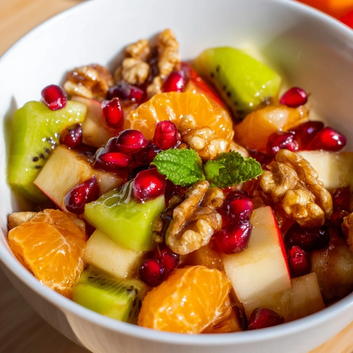 Fresh diced apples, orange segments, and pomegranate seeds glisten in a white bowl for a vibrant New Year Apple Bowl. 