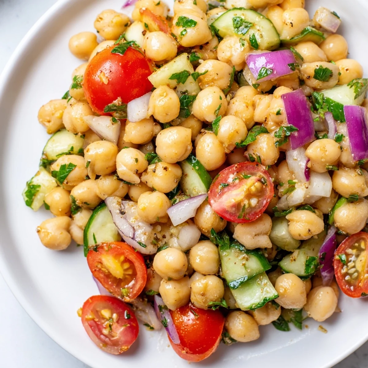 Serving suggestion for Fresh Chickpea Treat salad paired with grilled chicken on a rustic plate, perfect for a light lunch.