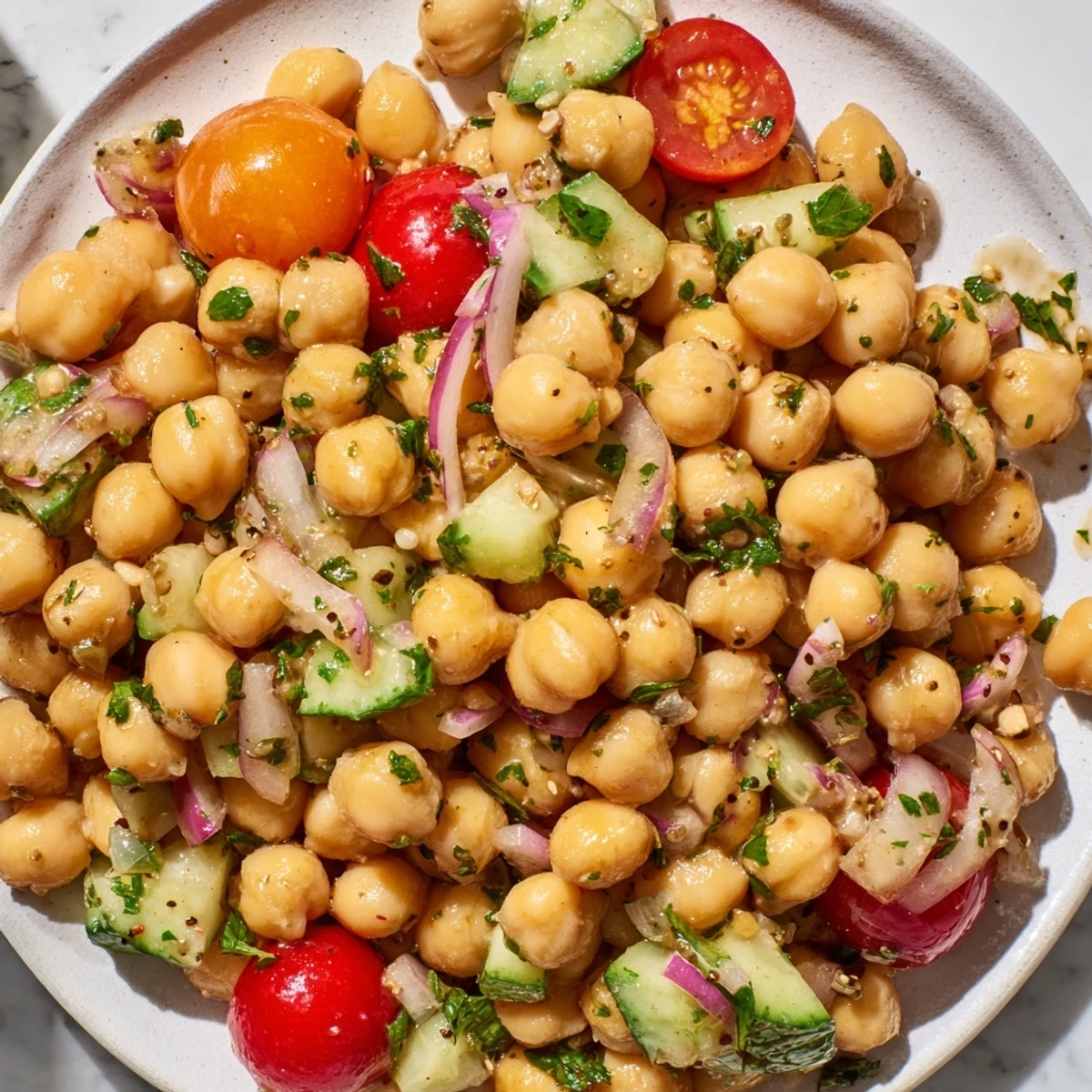 A freshly tossed Fresh Chickpea Treat salad drizzled with zesty lemon dressing, garnished with vibrant parsley and mint leaves.