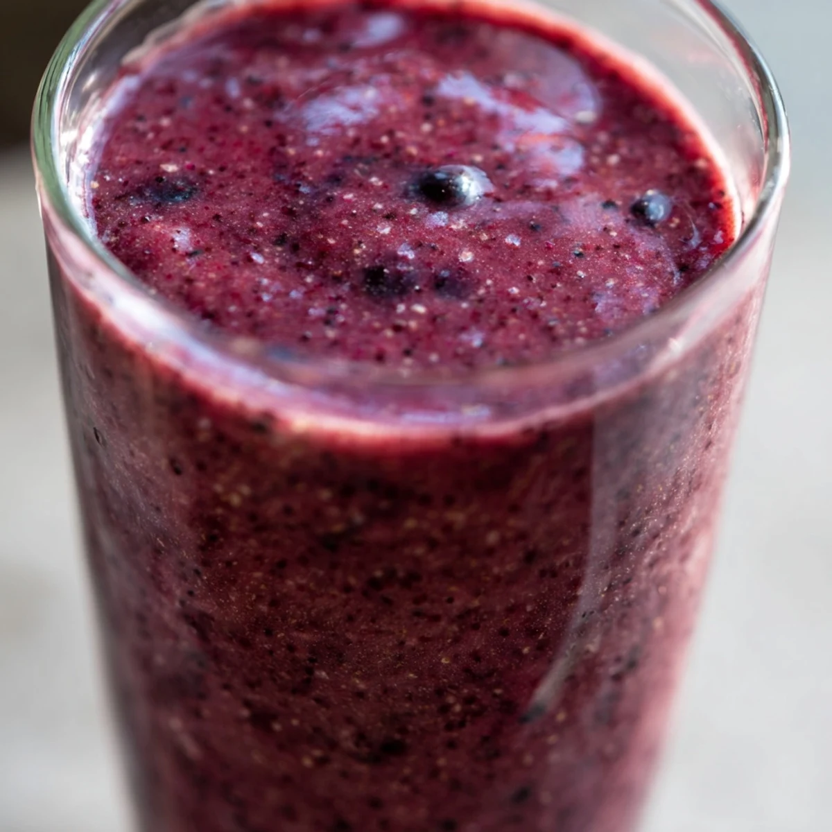 Two glasses of creamy Winter Berry Smoothie beside fresh berries, showing a luscious purple hue for a refreshing snack.