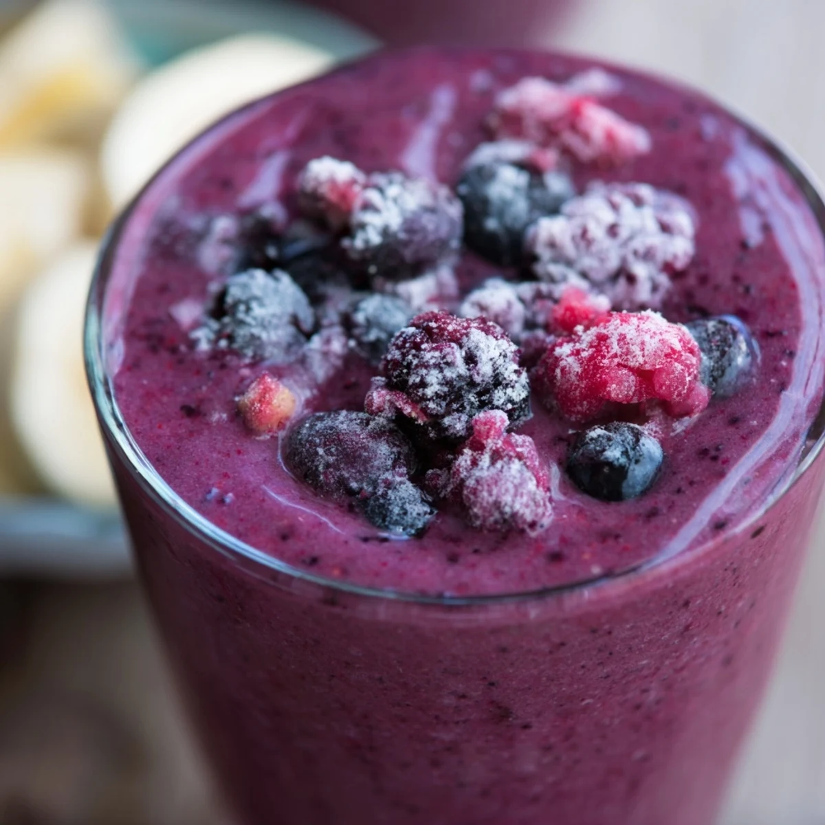 Close-up of Winter Berry Smoothie in a blender, highlighting frozen berries and yogurt for an immune-boosting beverage.
