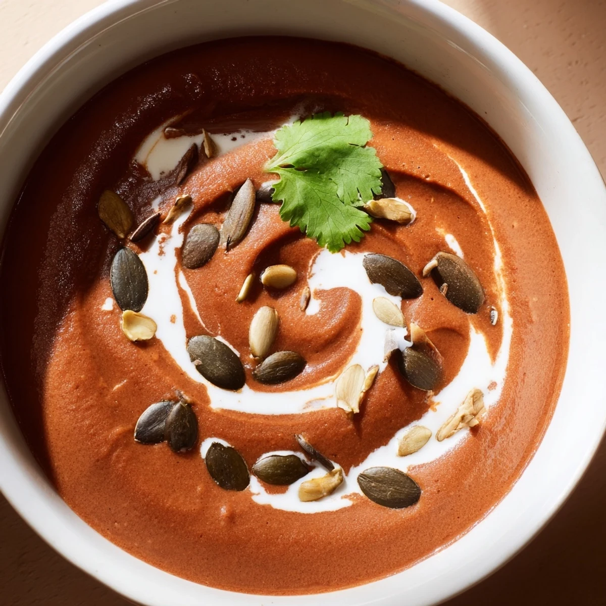 A rich purple-hued Bright Cacao Soup with a velvety texture, garnished with fresh cilantro and served warm.