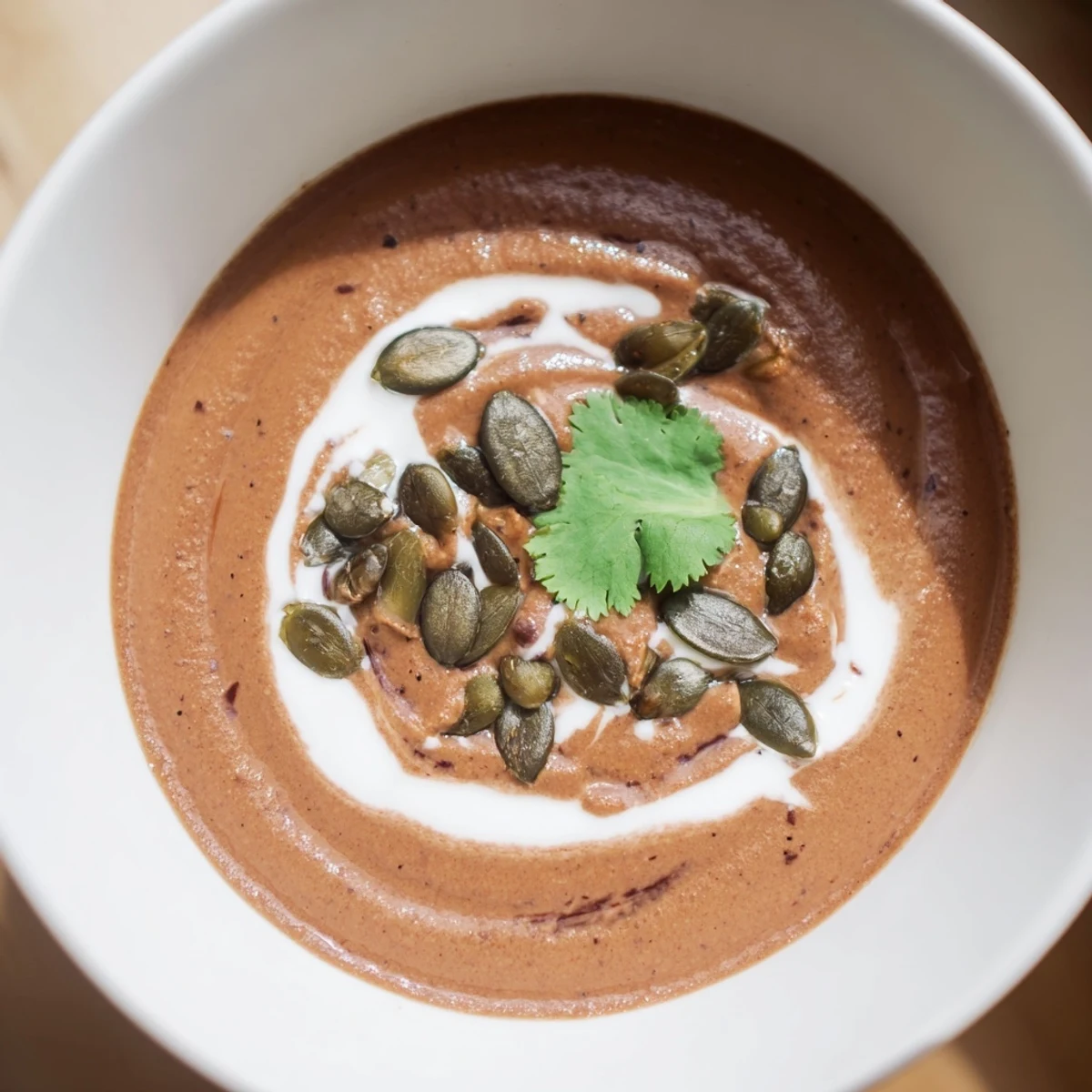 Close-up of Bright Cacao Soup, showing its smooth consistency beside crusty bread for dipping.