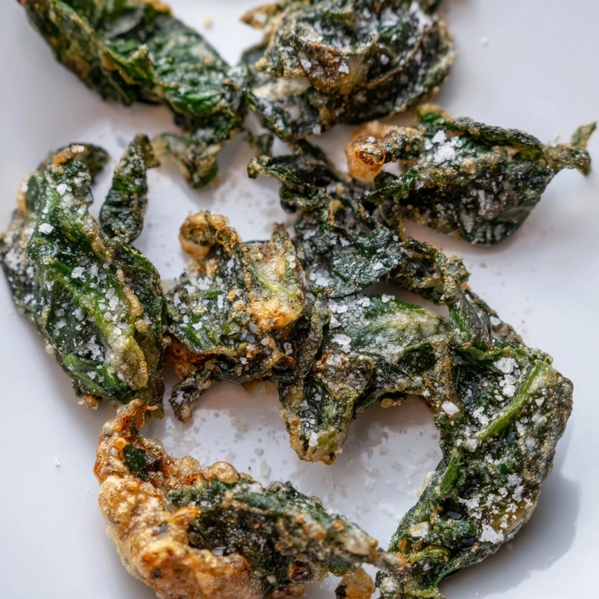 Crisp Spinach Treats frying in hot oil, showing a bubbly golden batter.