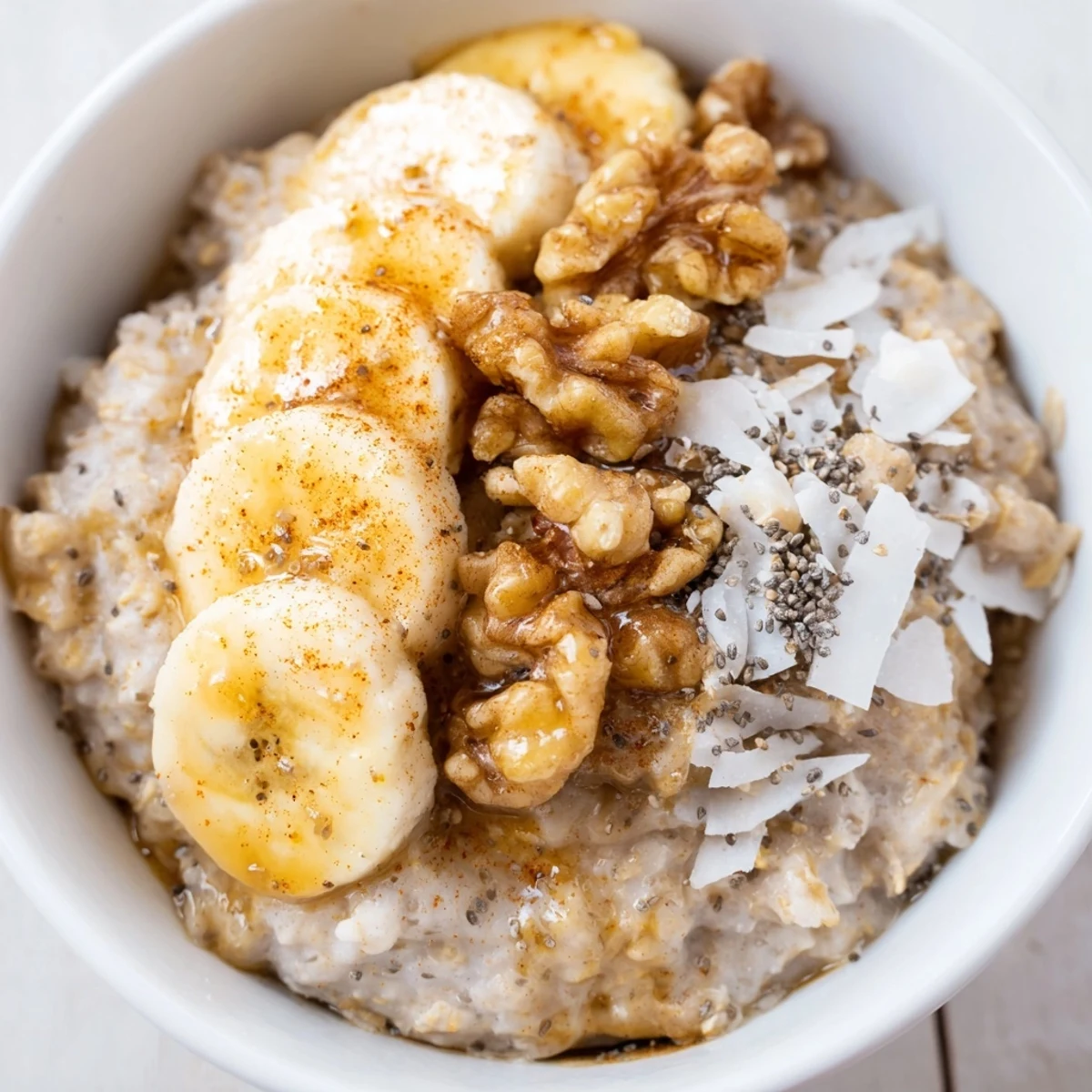 Steaming Vegan Ginger Porridge topped with sliced bananas and crunchy walnuts.