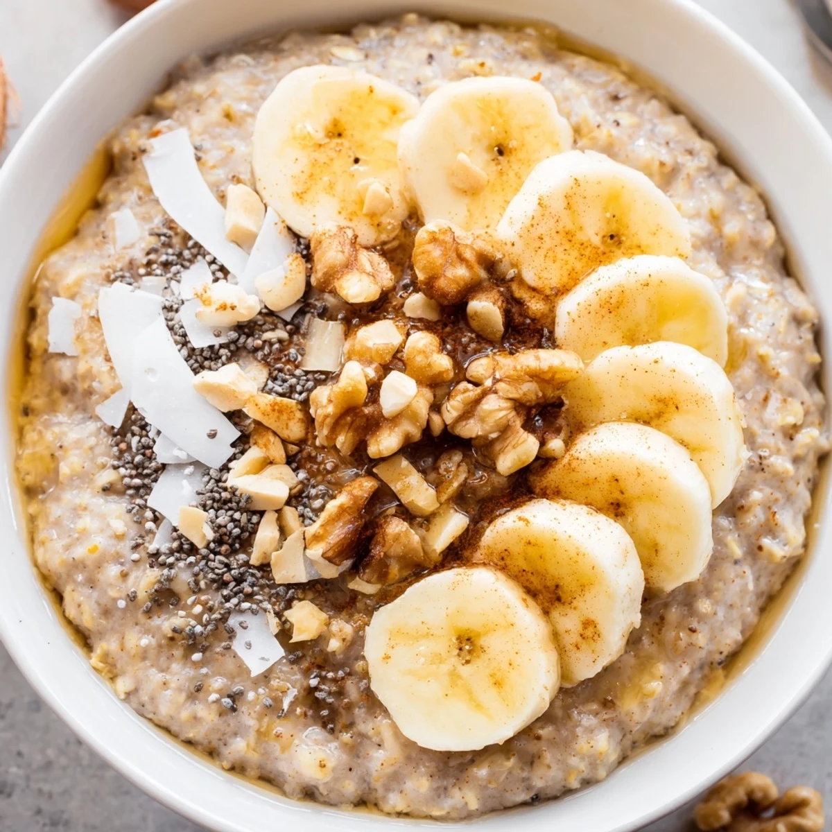 Creamy Vegan Ginger Porridge served in a bowl with shredded coconut and chia seeds.