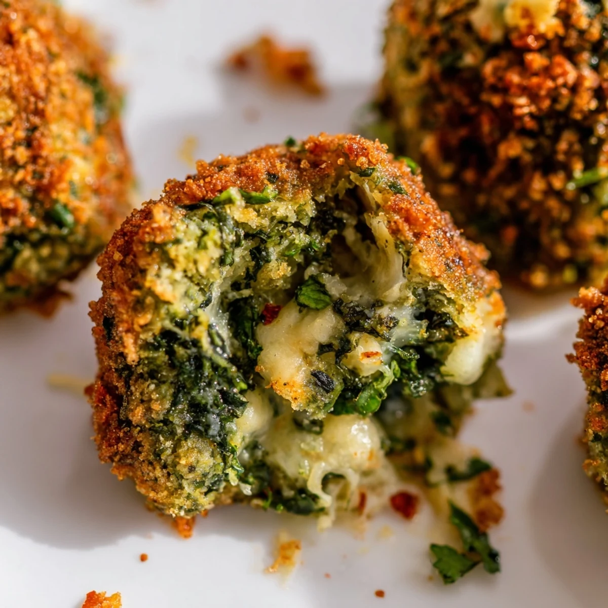 Golden brown Warm Spinach Bites with melted mozzarella and Parmesan cheese on a white platter.