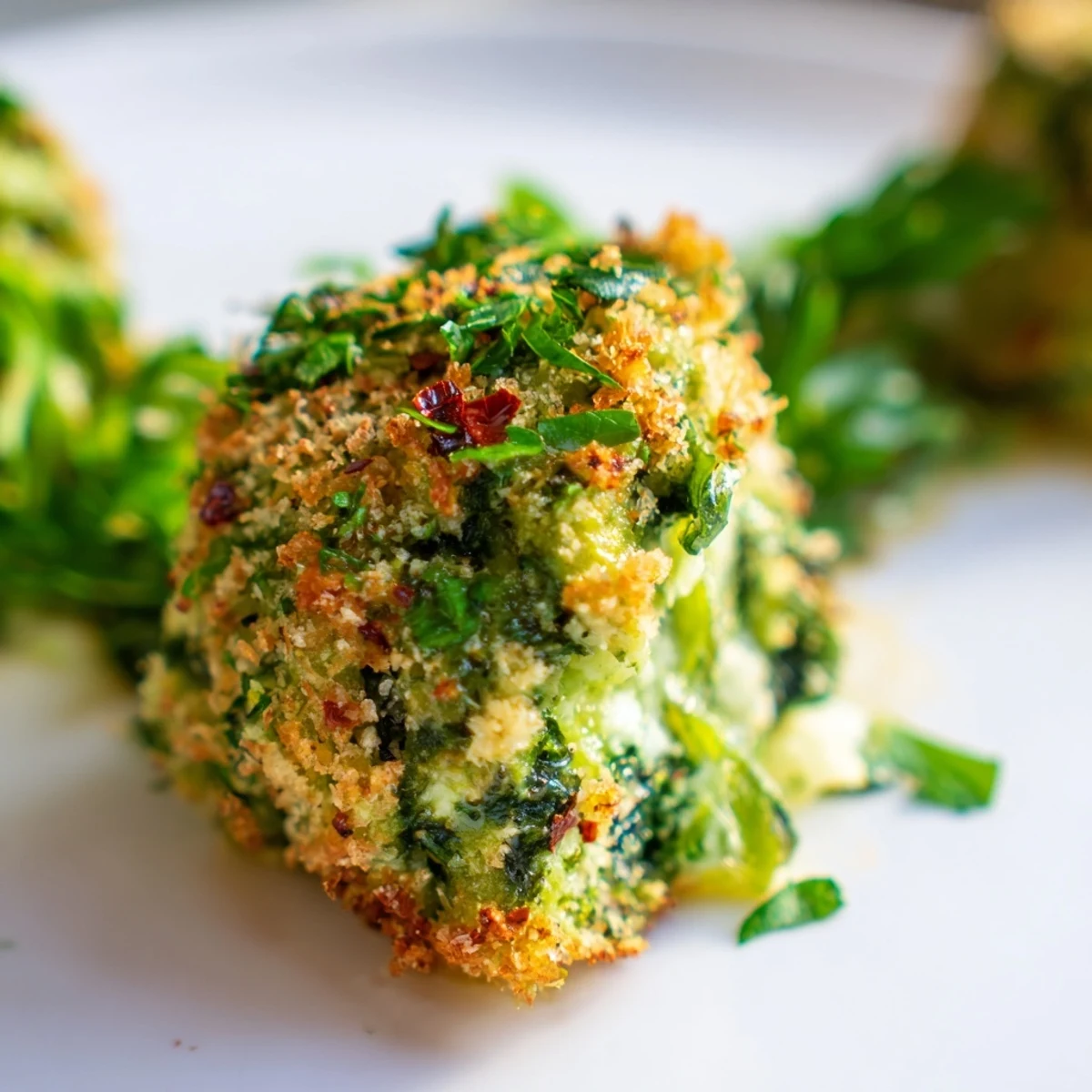 A close-up view of savory Warm Spinach Bites featuring chopped spinach and herbs on parchment.