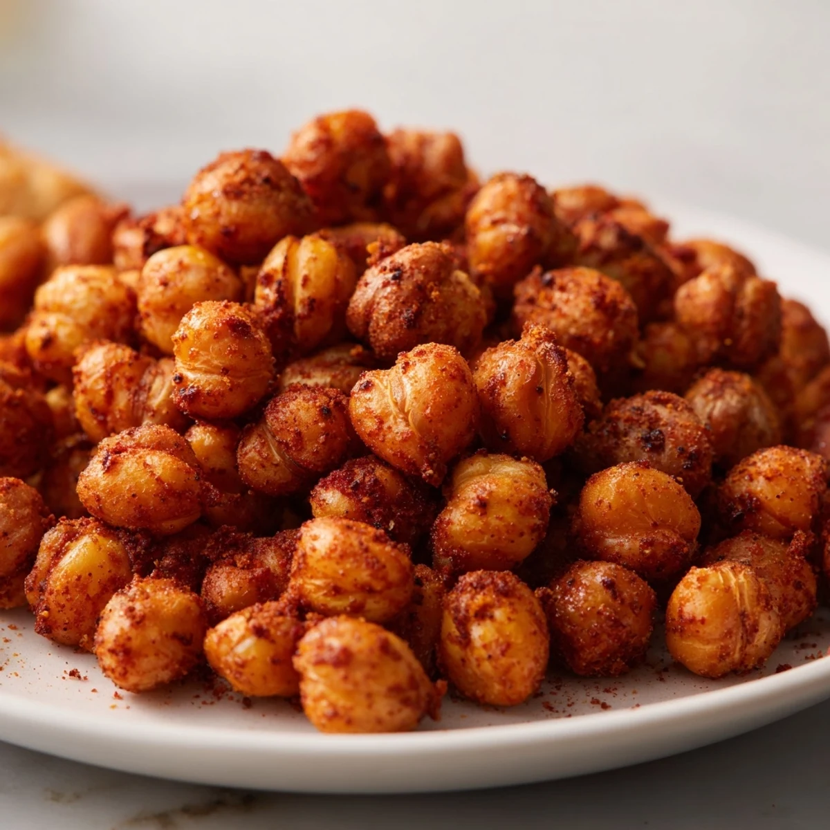 Close-up on golden roasted Vegan Chickpea Treat, highlighting crunchy texture and warming spice coating.