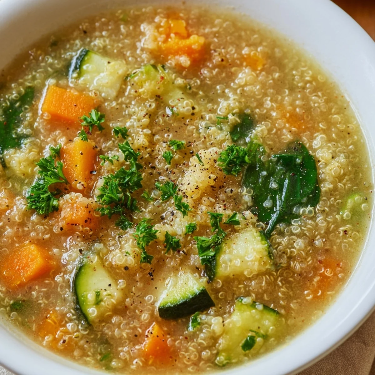 Steaming bowl of Warm Quinoa Soup packed with fresh vegetables and herbs.