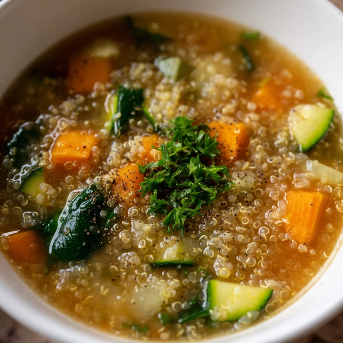 A close-up of Warm Quinoa Soup served with crusty bread for dipping.