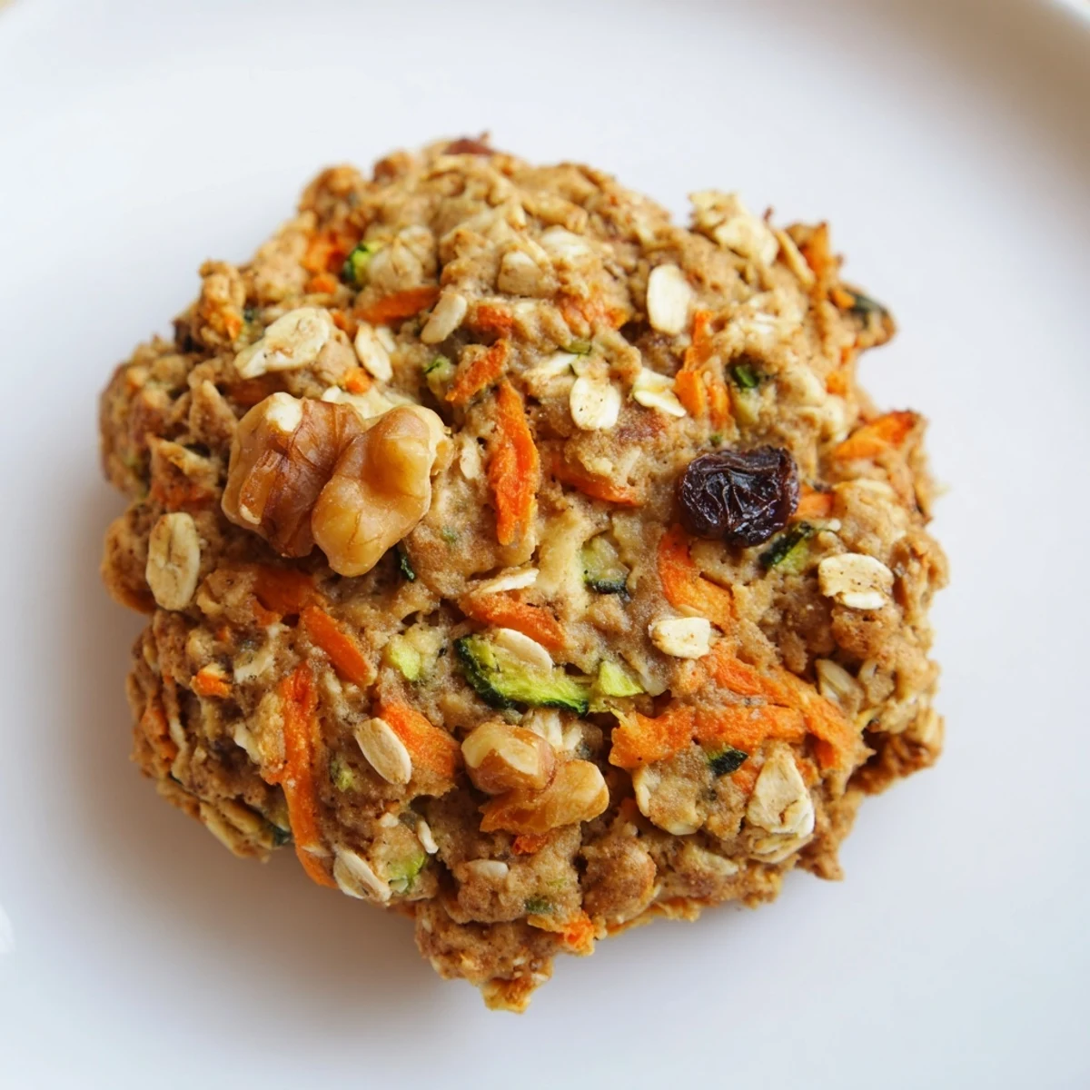 Close-up of Wholesome Veggie Cookies with visible oats and walnuts, served on a rustic plate next to a glass of cold milk.