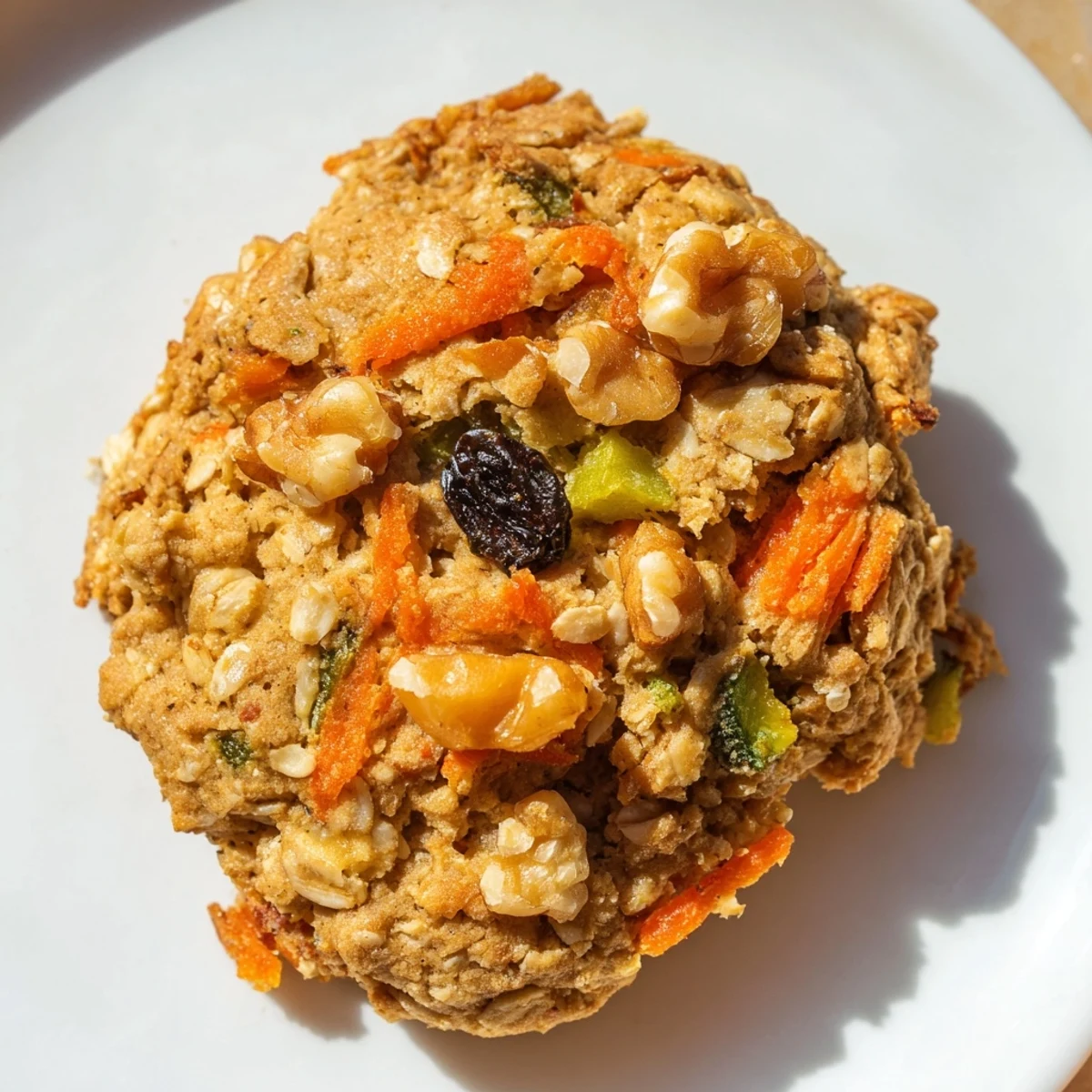 A batch of warm Wholesome Veggie Cookies stacked on a white plate, garnished with a sprinkle of cinnamon and chopped pecans.