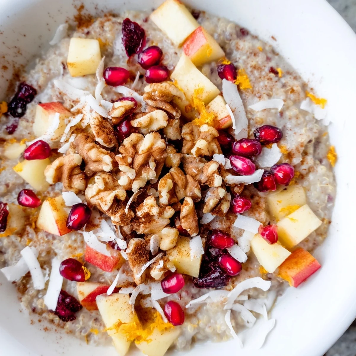 Warm Festive Quinoa Porridge served in a rustic bowl, topped with diced apple, dried cranberries, and toasted walnuts.