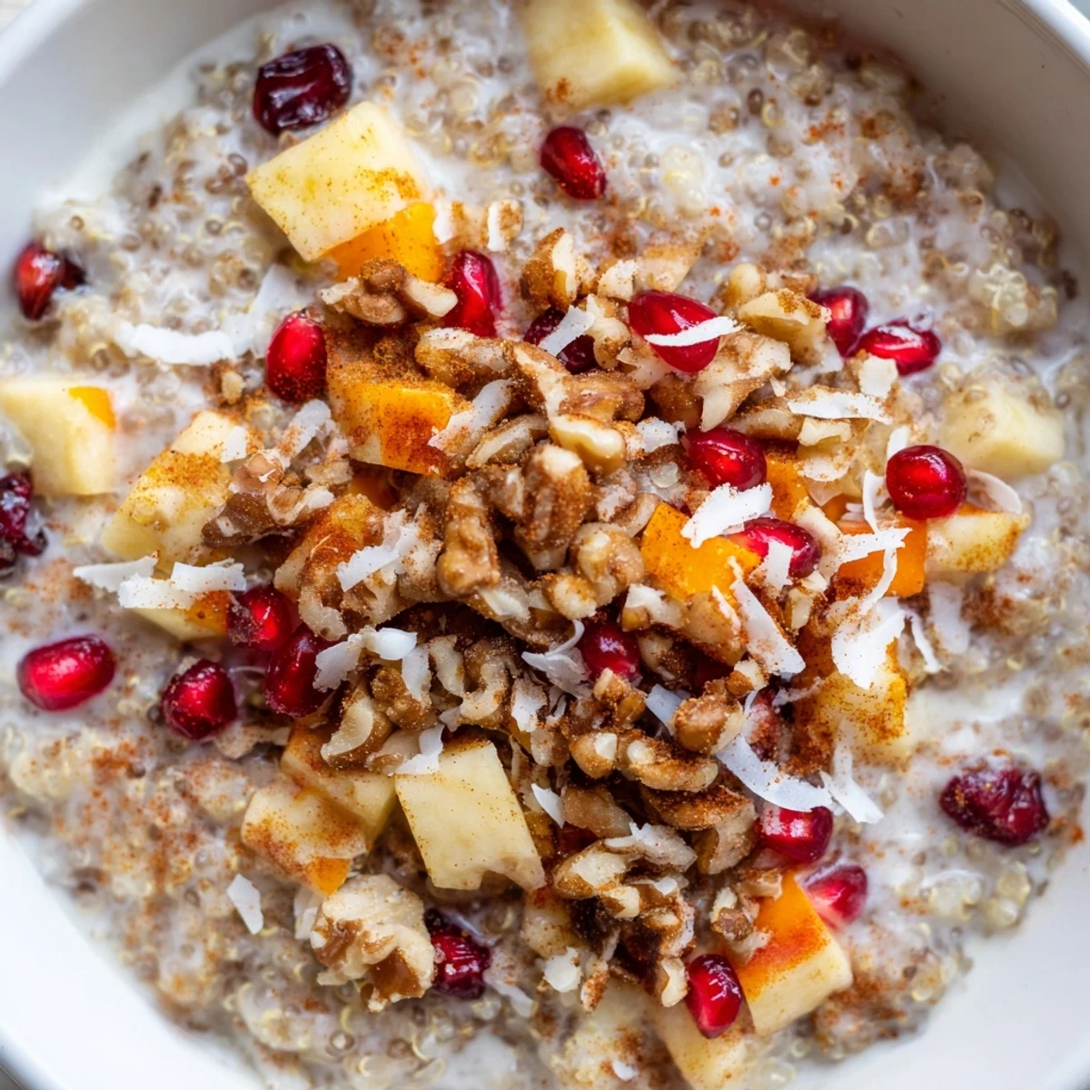 Healthy Festive Quinoa Porridge with cinnamon and orange zest, steaming in a bowl with a festive linen and nuts.